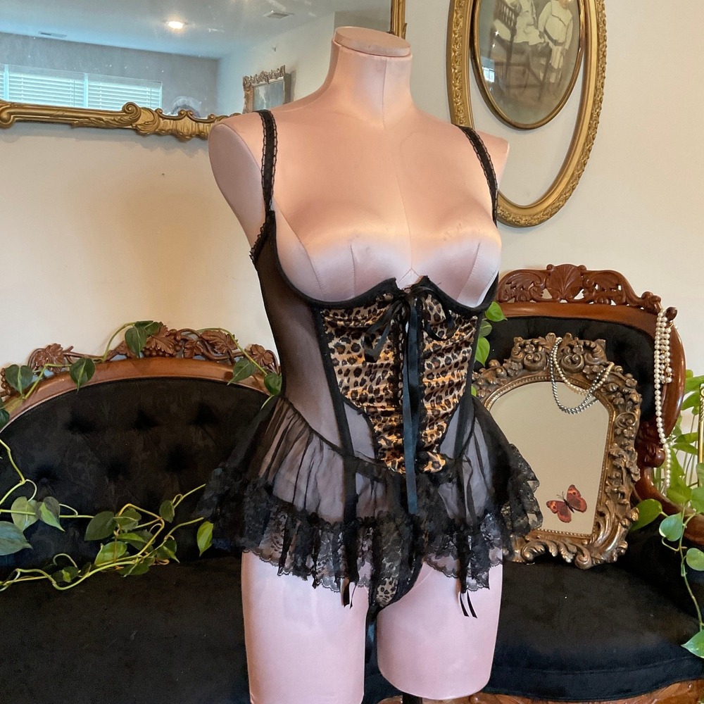 vintage Escante Cupless Bow Ruffle Teddy Bodysuit Animal Print Size M